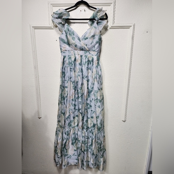 Lulus Soiree Perfection Light Blue Floral Ruffled Tiered Maxi Dress M Wedding - Picture 6 of 11